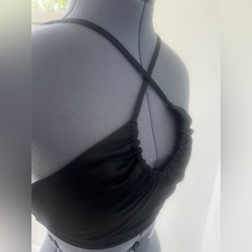 Social-Work Black Satin Crop Top Size S 34 Crisscross Back Ruched Bust Bralette